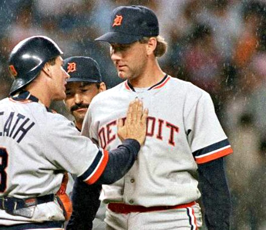 Mike Henneman on the mound for the Tigers, with future 'Caps manager Tom Brookens peeking over his shoulder...